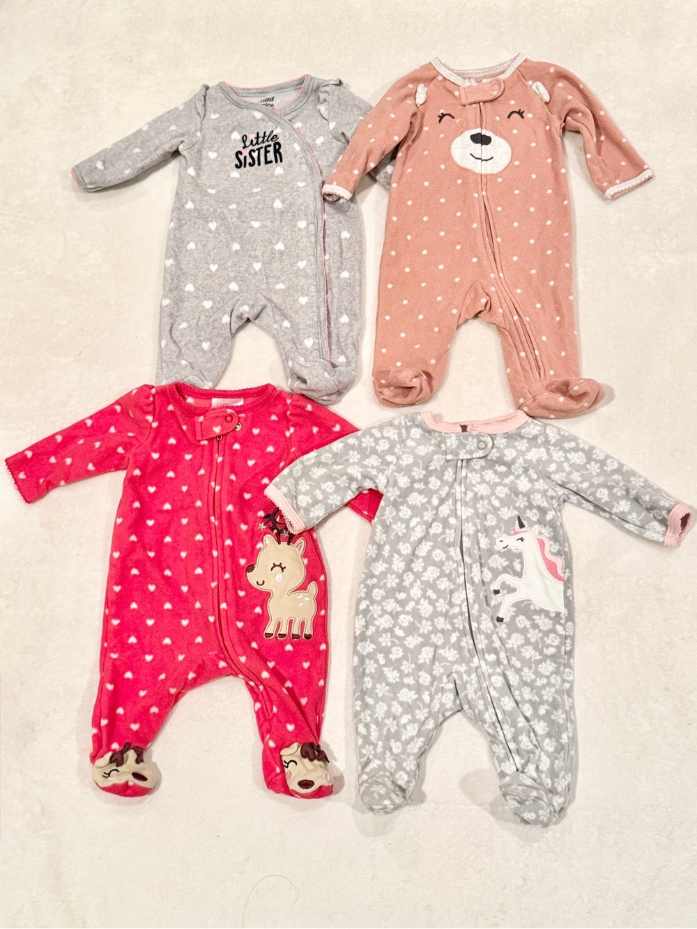 4 Newborn set: Baby Girls Sleep & Play Set in Fuschia,Pink, Gray & Coral